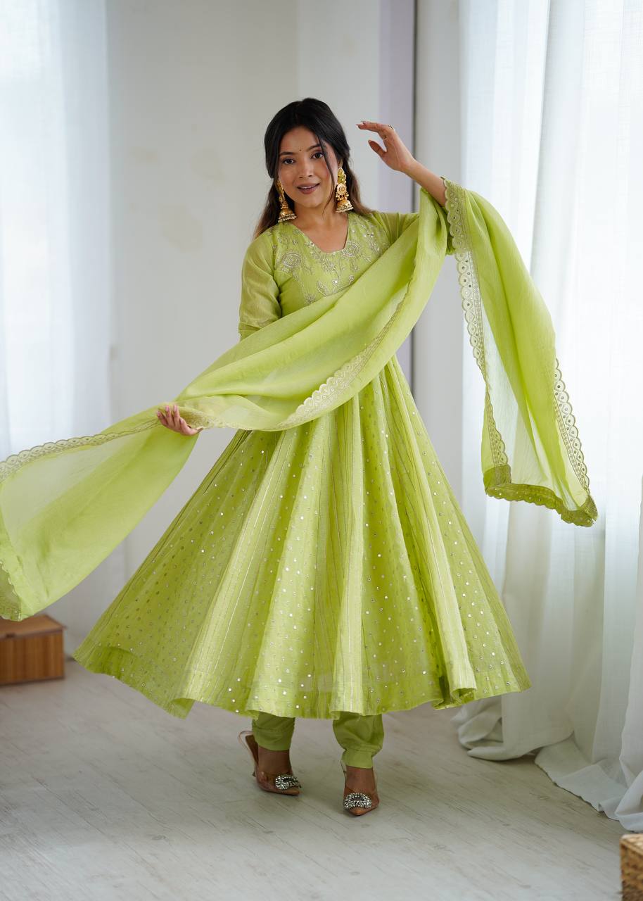 Stylish Light Green Festive Ethnic Anarkali Dress with Dupatta | Anarkali Suit For Women