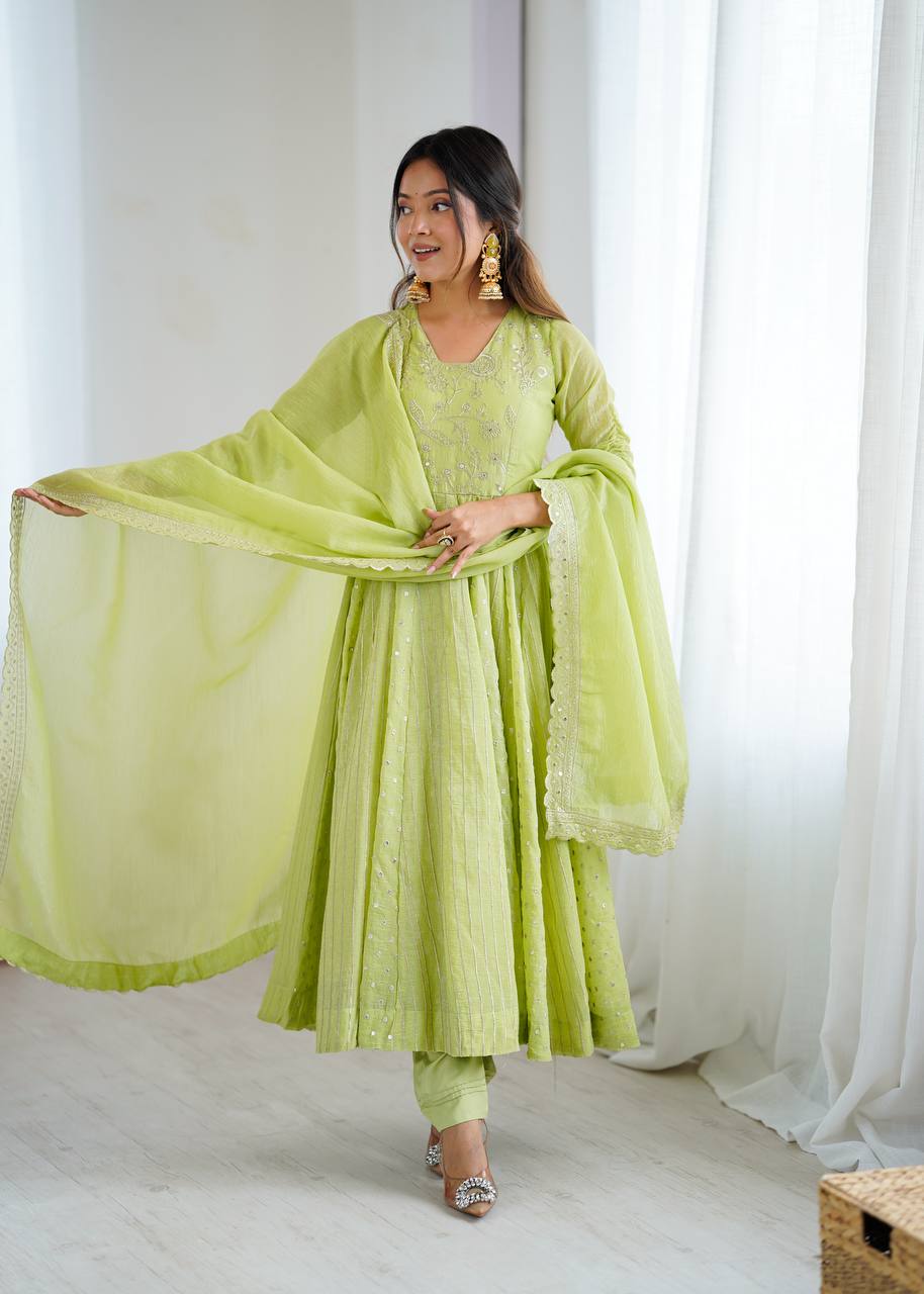 Stylish Light Green Festive Ethnic Anarkali Dress with Dupatta | Anarkali Suit For Women
