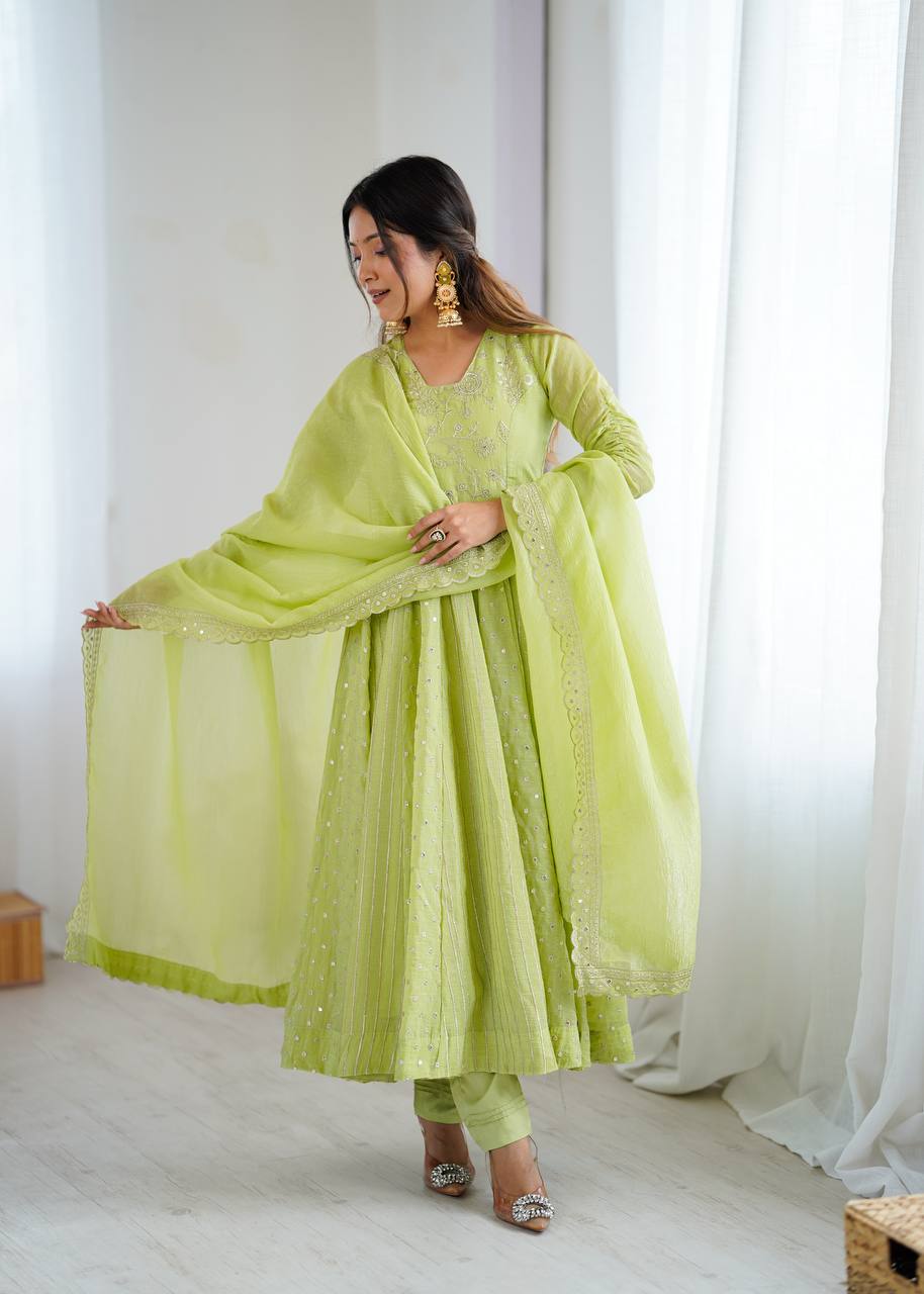 Stylish Light Green Festive Ethnic Anarkali Dress with Dupatta | Anarkali Suit For Women
