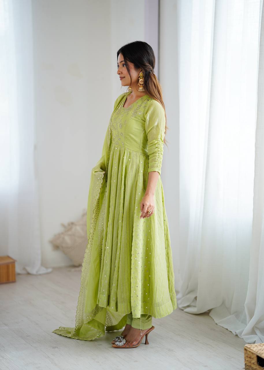 Stylish Light Green Festive Ethnic Anarkali Dress with Dupatta | Anarkali Suit For Women