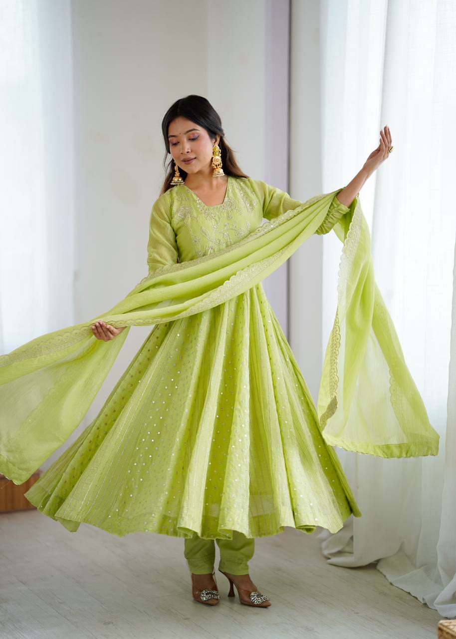 Stylish Light Green Festive Ethnic Anarkali Dress with Dupatta | Anarkali Suit For Women
