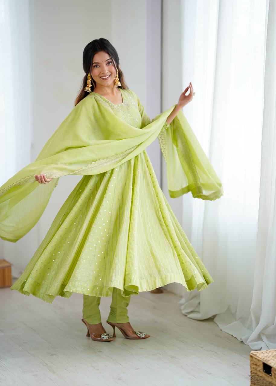 Stylish Light Green Festive Ethnic Anarkali Dress with Dupatta | Anarkali Suit For Women