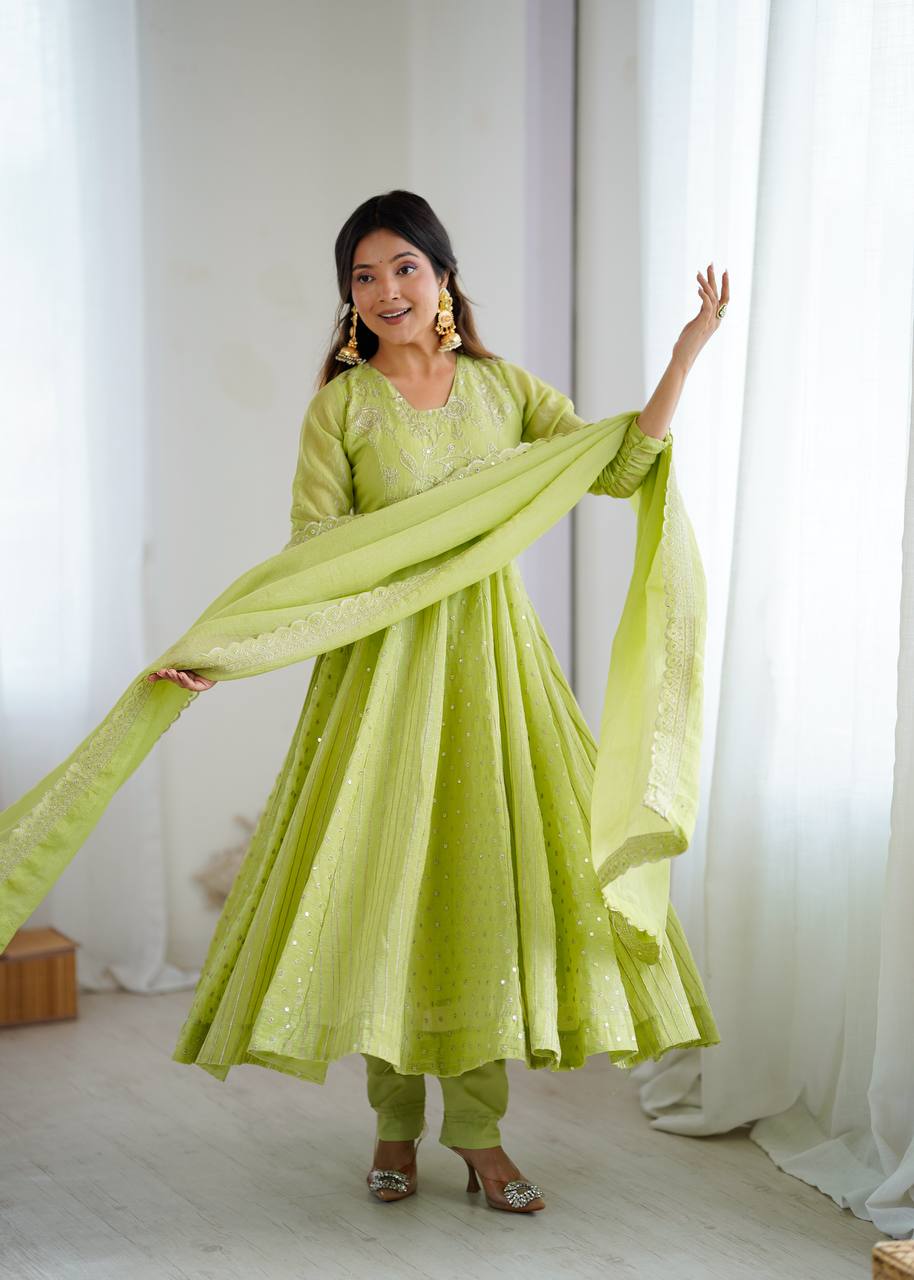 Stylish Light Green Festive Ethnic Anarkali Dress with Dupatta | Anarkali Suit For Women