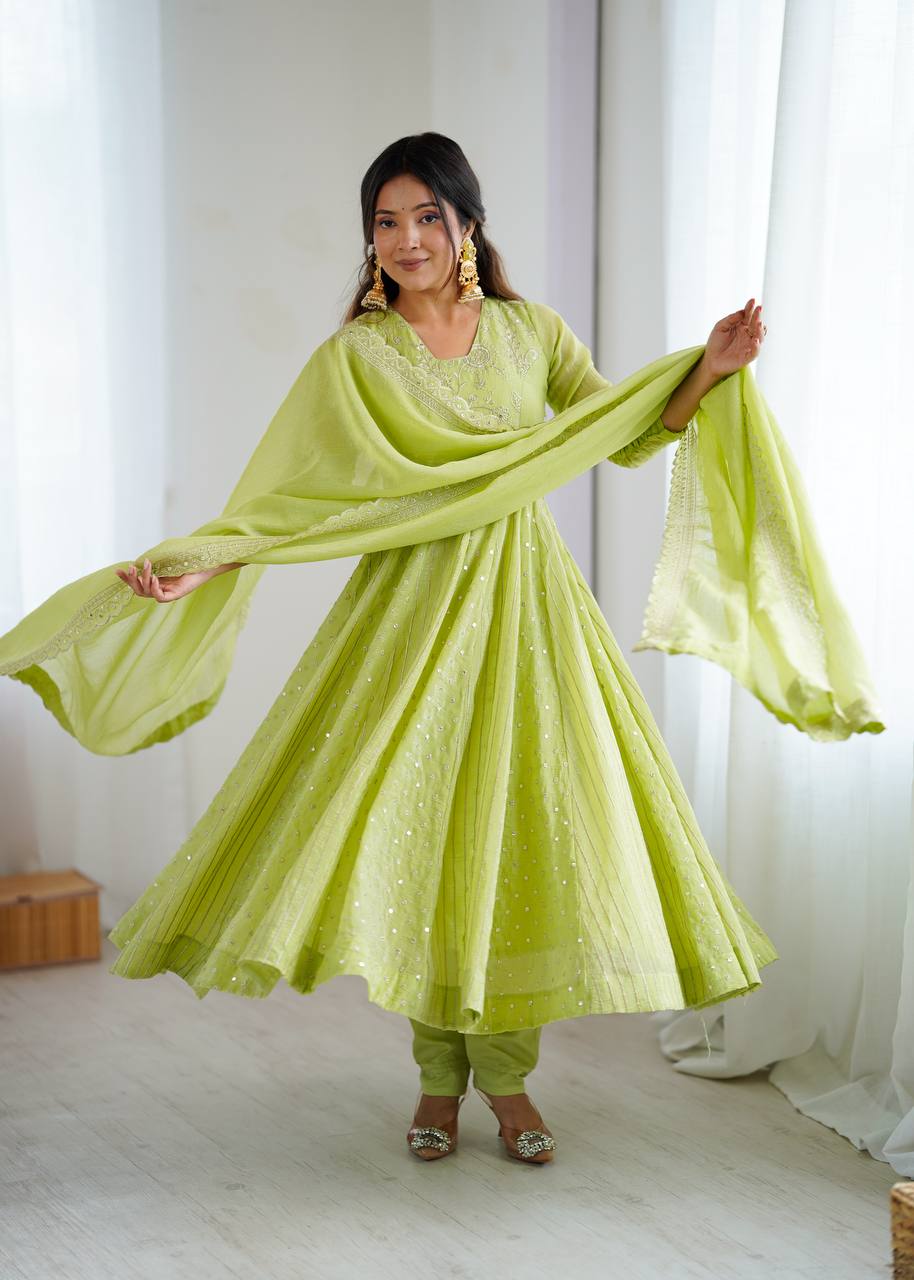 Stylish Light Green Festive Ethnic Anarkali Dress with Dupatta | Anarkali Suit For Women