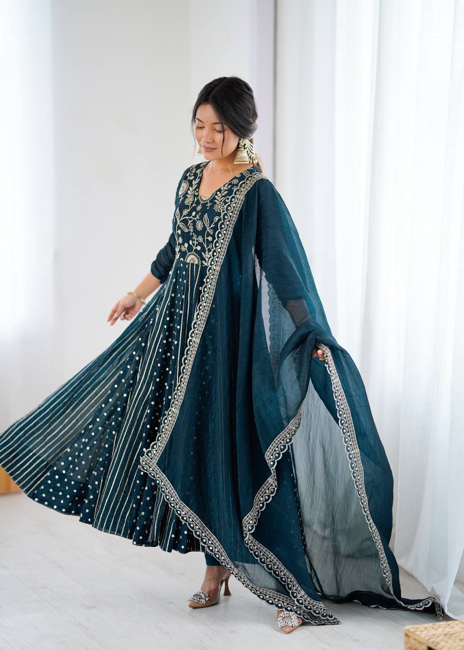 Traditional Navy Blue Embroidered Anarkali Suit with Dupatta | Anarkali Suit For Women