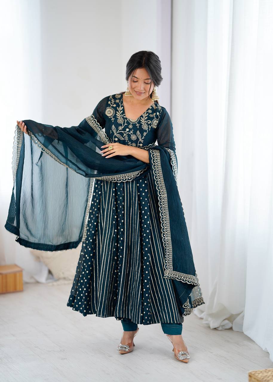 Traditional Navy Blue Embroidered Anarkali Suit with Dupatta | Anarkali Suit For Women