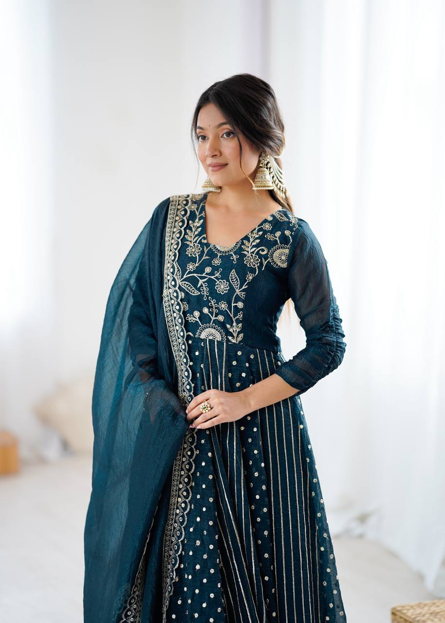 Traditional Navy Blue Embroidered Anarkali Suit with Dupatta | Anarkali Suit For Women