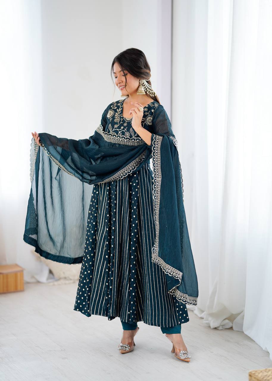 Traditional Navy Blue Embroidered Anarkali Suit with Dupatta | Anarkali Suit For Women