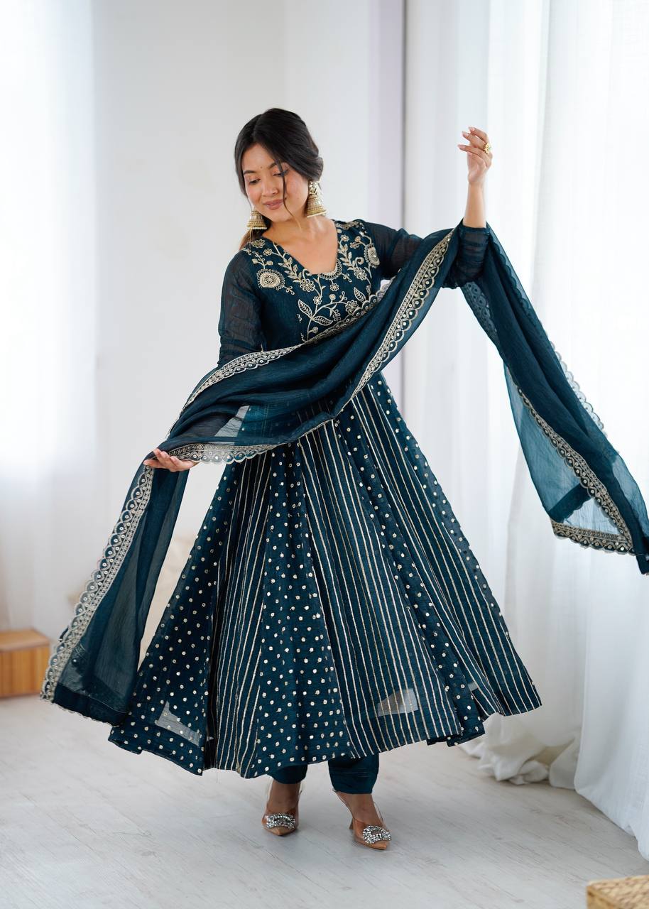 Traditional Navy Blue Embroidered Anarkali Suit with Dupatta | Anarkali Suit For Women