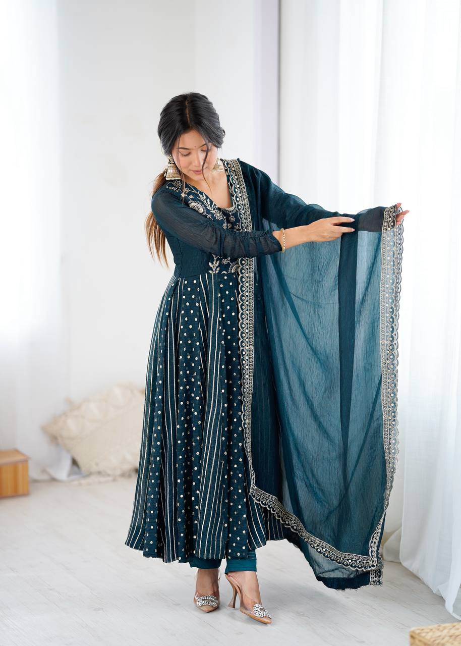 Traditional Navy Blue Embroidered Anarkali Suit with Dupatta | Anarkali Suit For Women
