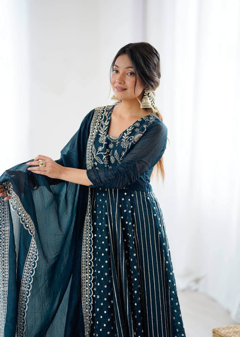 Traditional Navy Blue Embroidered Anarkali Suit with Dupatta | Anarkali Suit For Women