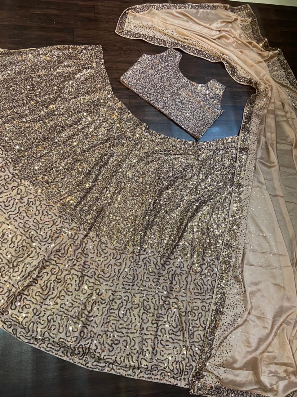 Embellished Beige Sequence Work Lehenga Choli