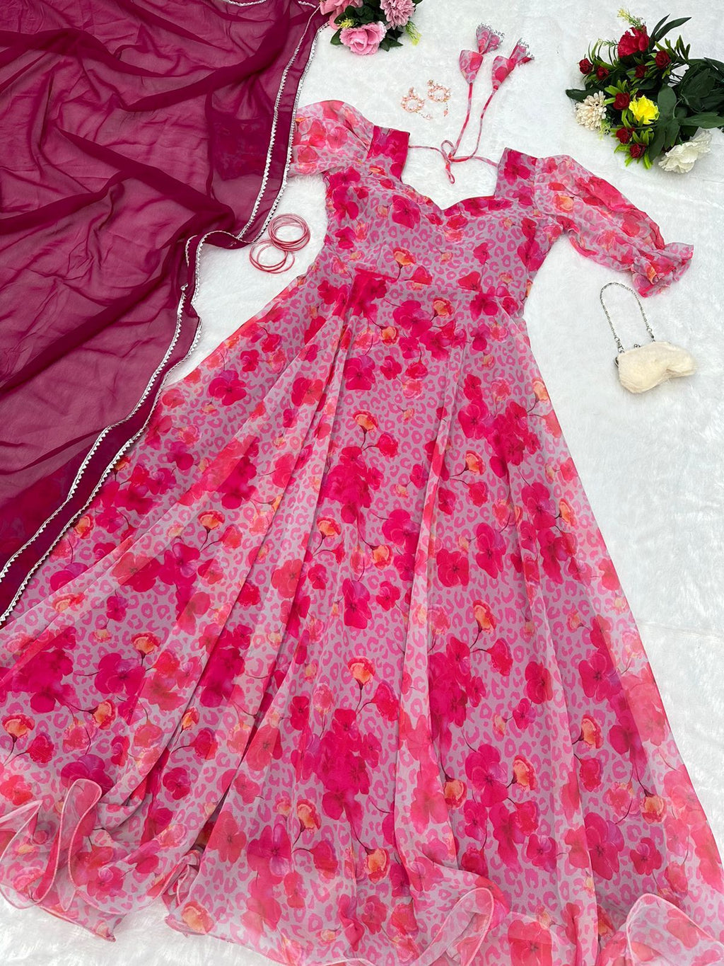 Terrific Digital Printed Pink Color Gown For Women