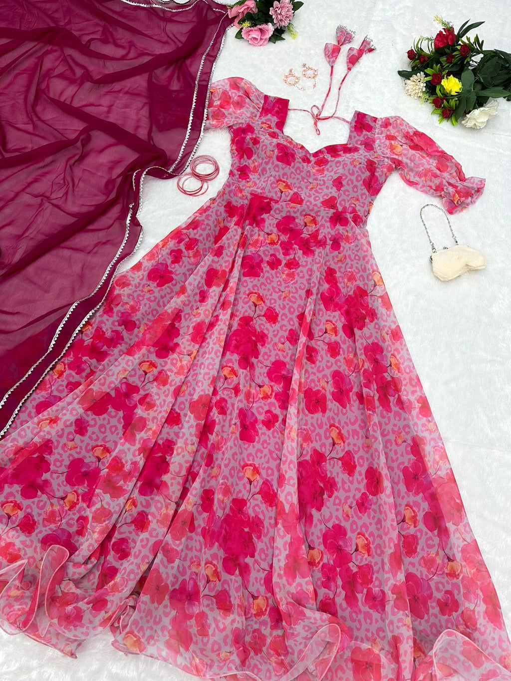 Terrific Digital Printed Pink Color Gown For Women