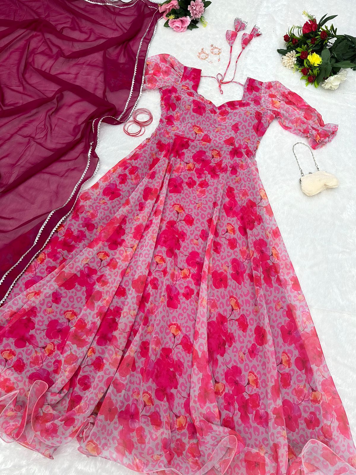 Terrific Digital Printed Pink Color Gown For Women