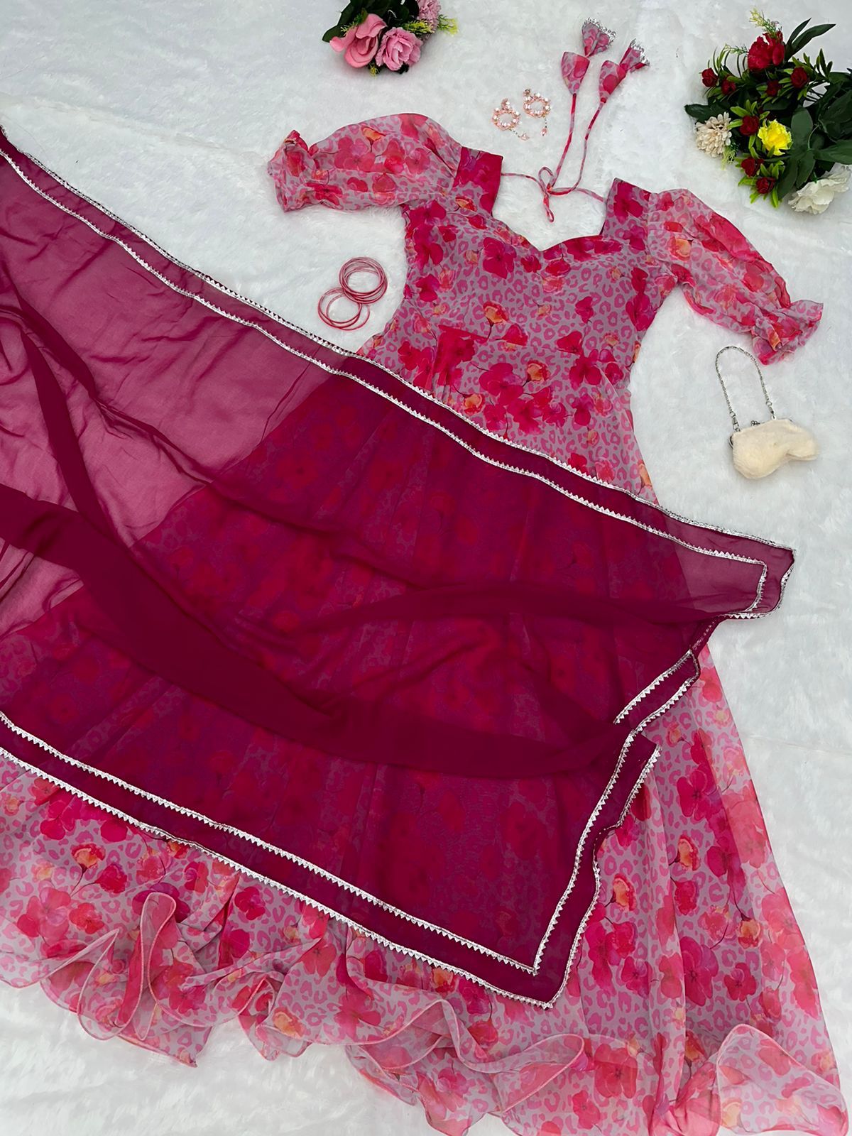 Terrific Digital Printed Pink Color Gown For Women