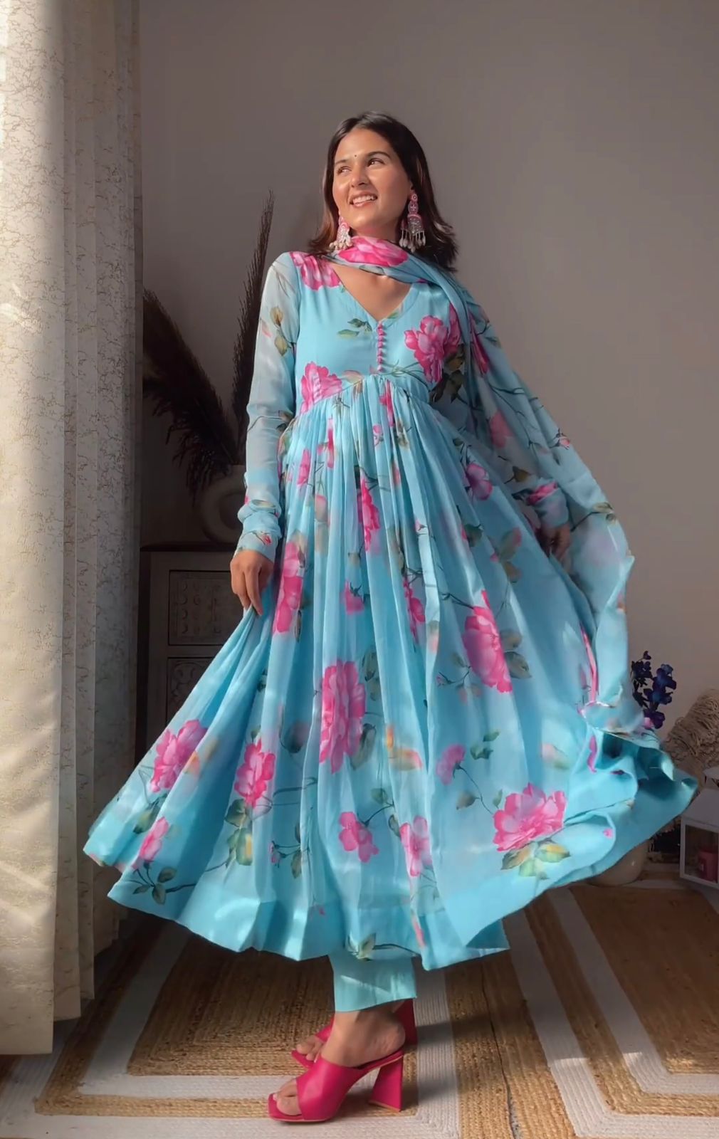 Colorful Flower Design Sky Blue Lovely Anarkali Suit For Women