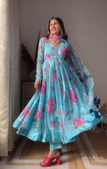 Colorful Flower Design Sky Blue Lovely Anarkali Suit For Women