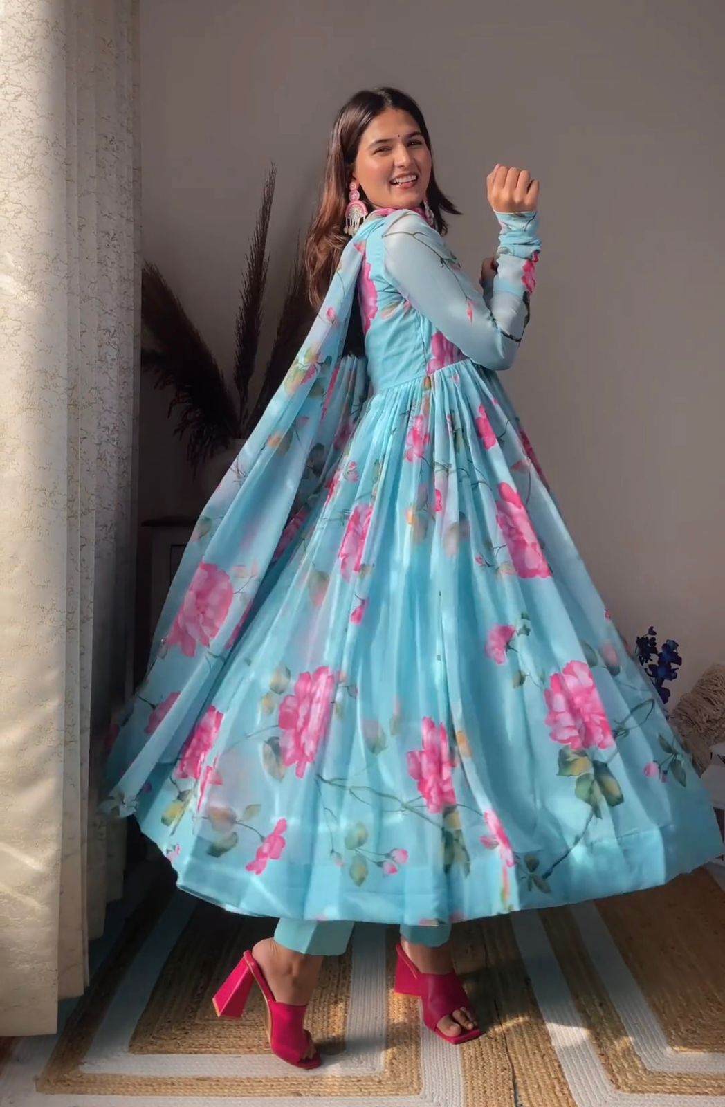 Colorful Flower Design Sky Blue Lovely Anarkali Suit For Women