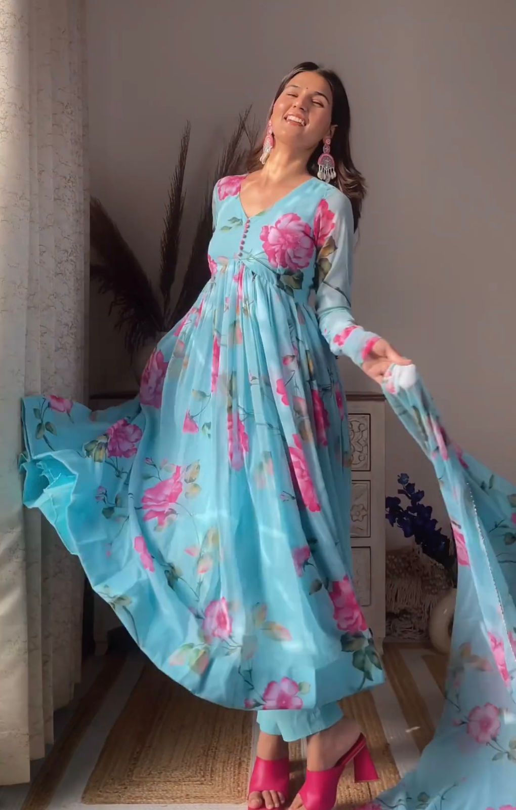 Colorful Flower Design Sky Blue Lovely Anarkali Suit For Women