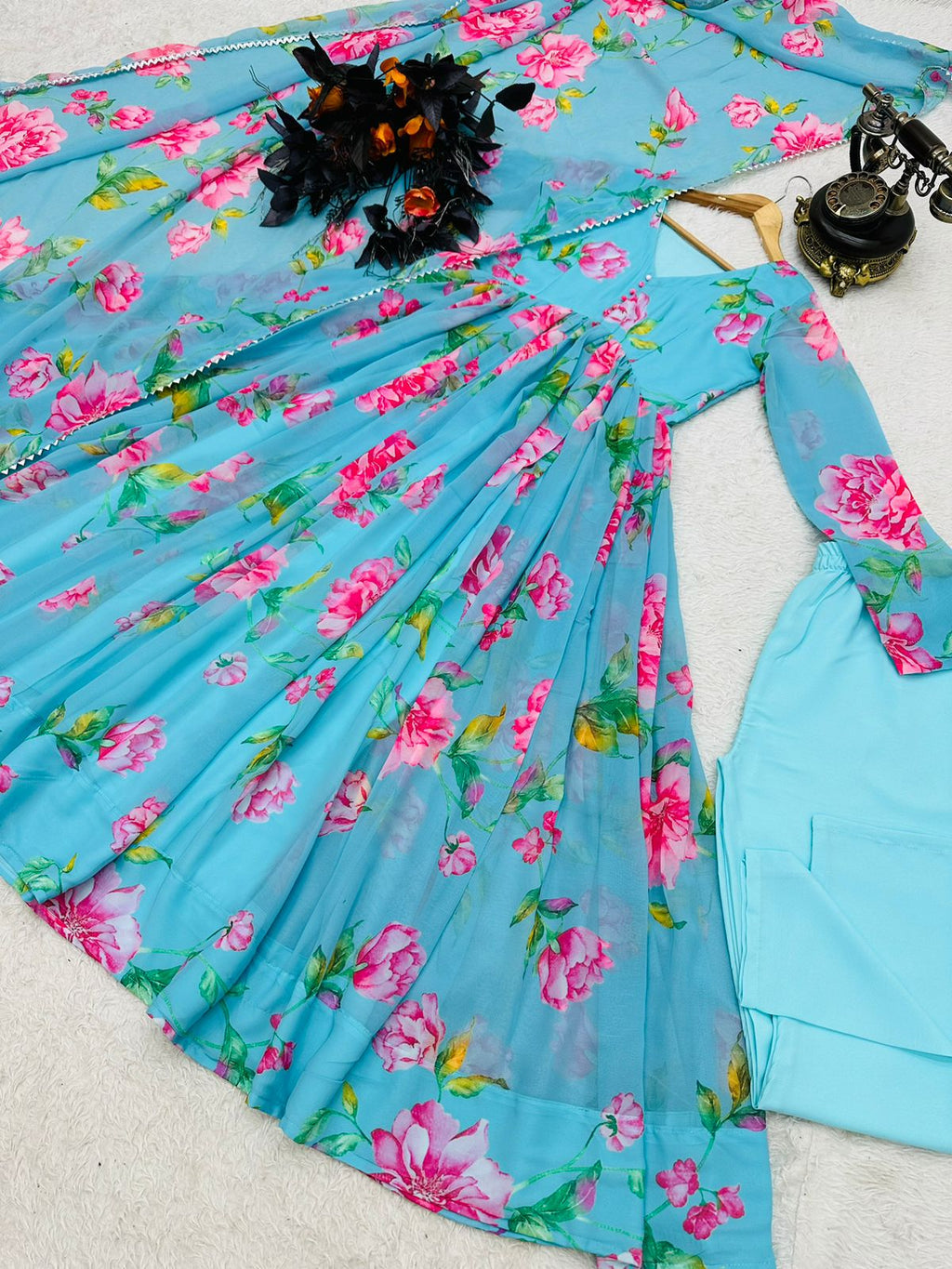 Colorful Flower Design Sky Blue Lovely Anarkali Suit For Women