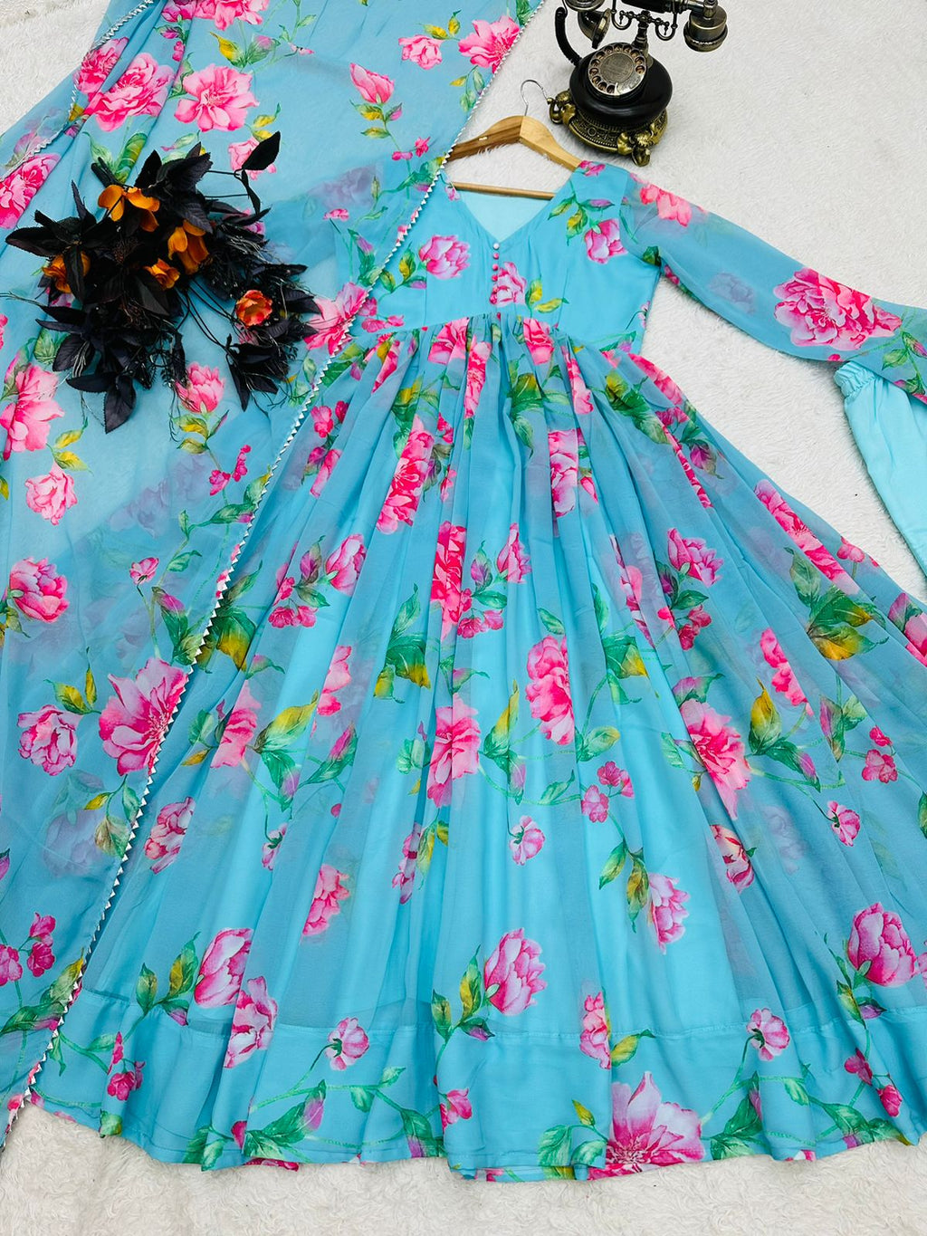 Colorful Flower Design Sky Blue Lovely Anarkali Suit For Women