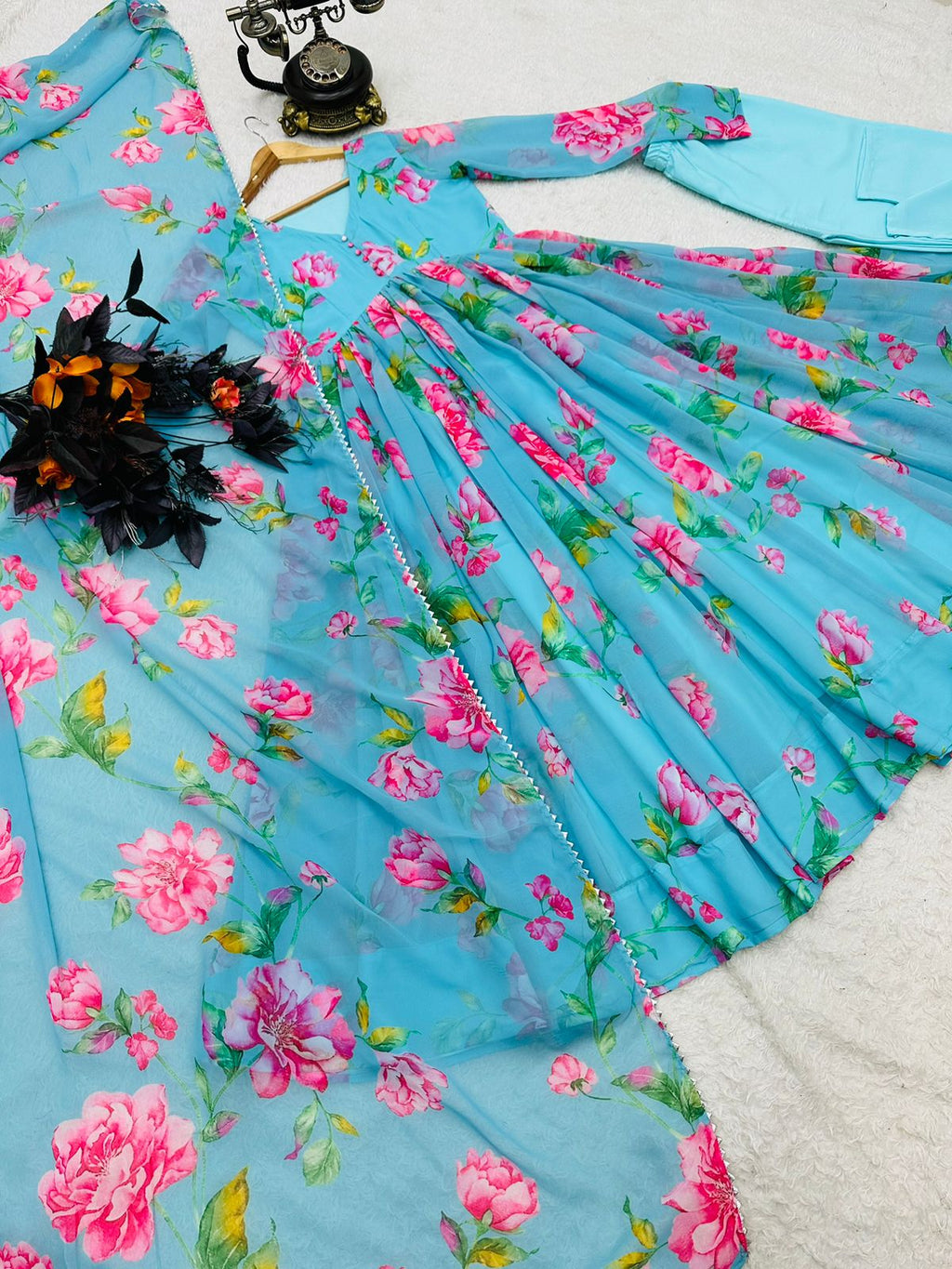 Colorful Flower Design Sky Blue Lovely Anarkali Suit For Women