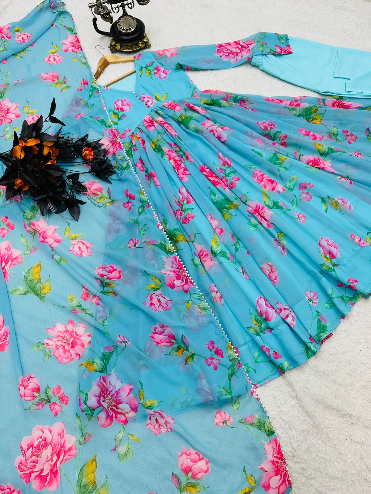 Colorful Flower Design Sky Blue Lovely Anarkali Suit For Women