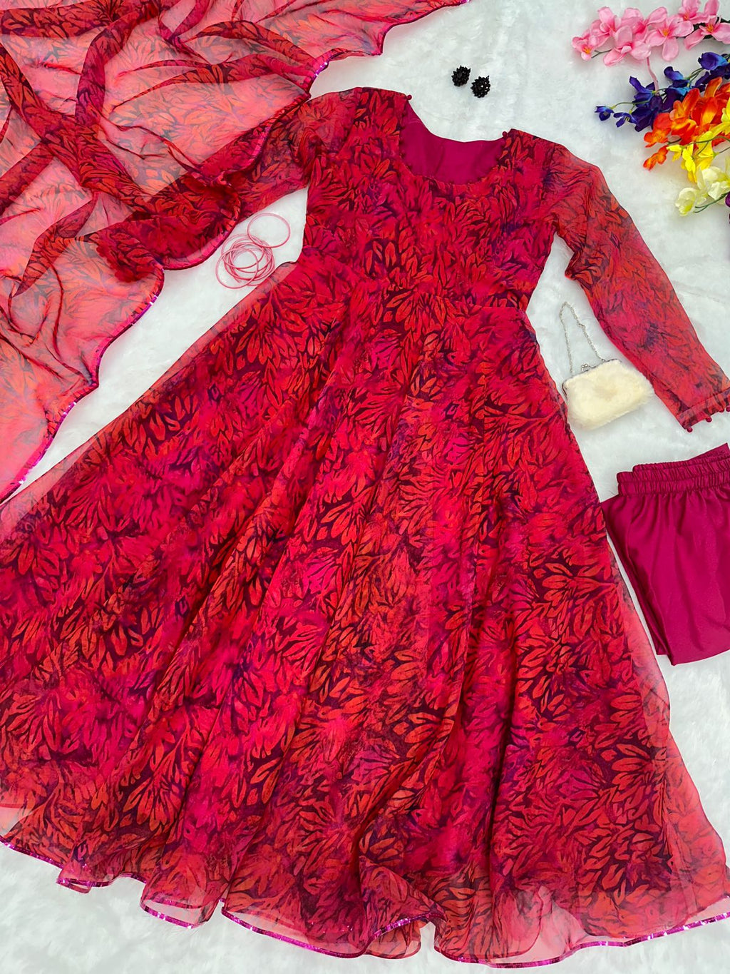 Red Color Digital Print Fancy Anarkali Suit For Women