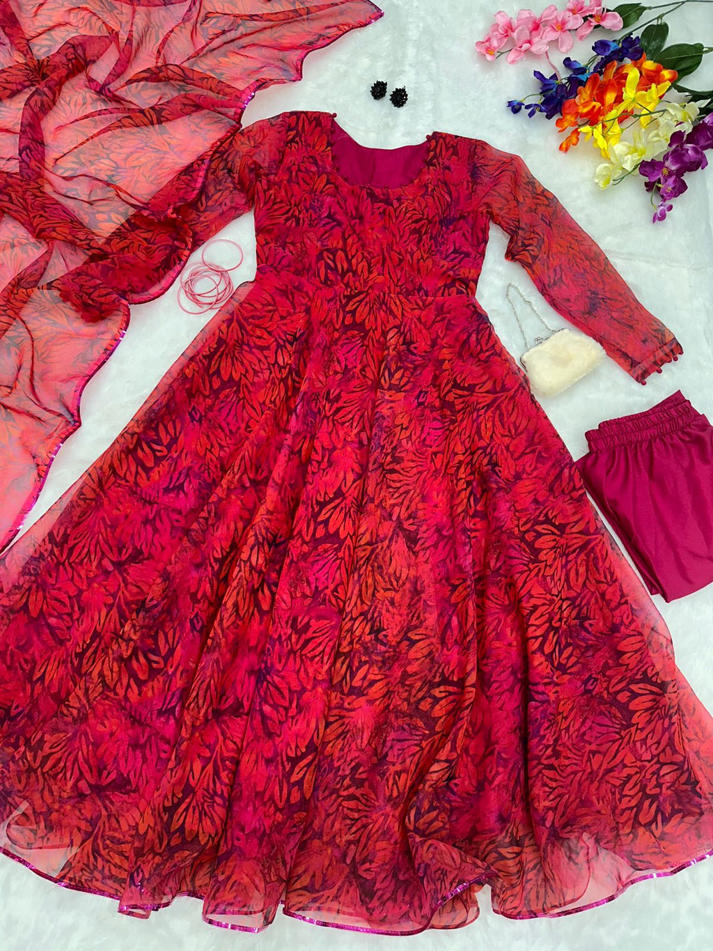 Red Color Digital Print Fancy Anarkali Suit For Women