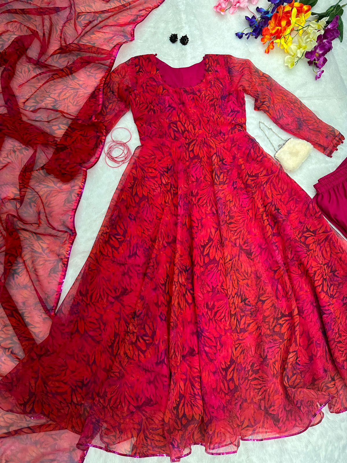 Red Color Digital Print Fancy Anarkali Suit For Women
