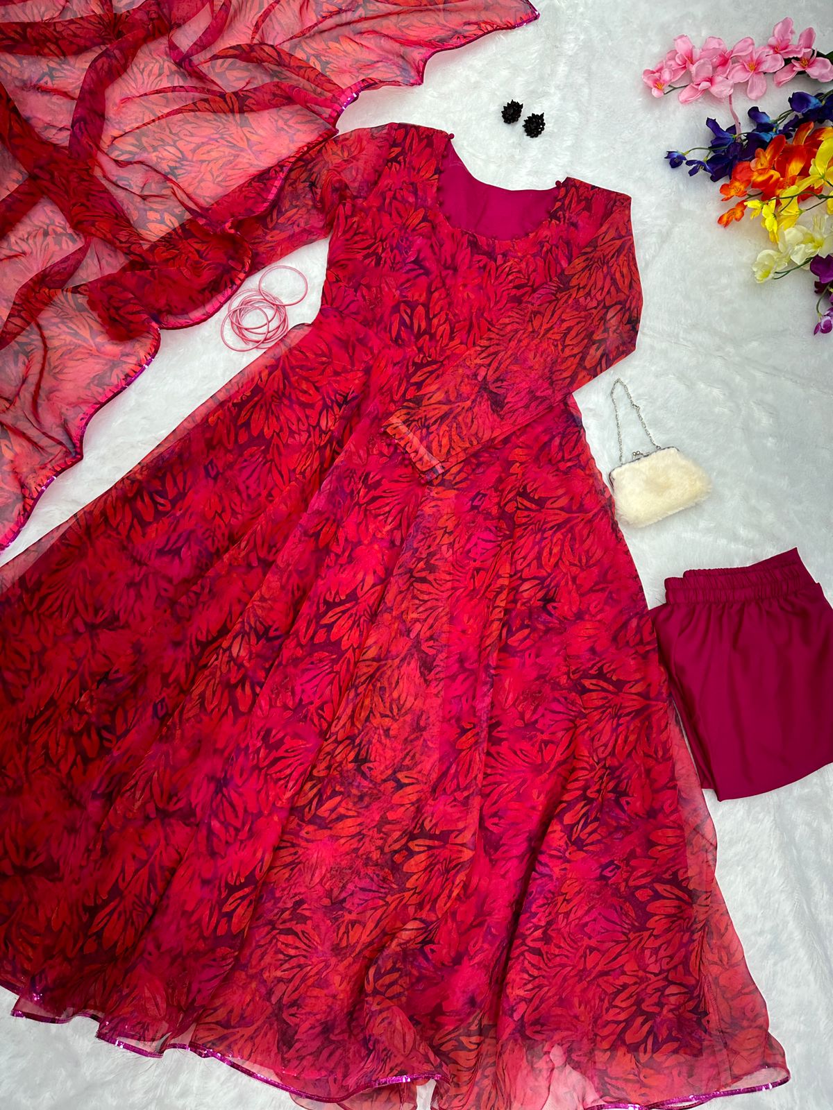 Red Color Digital Print Fancy Anarkali Suit For Women