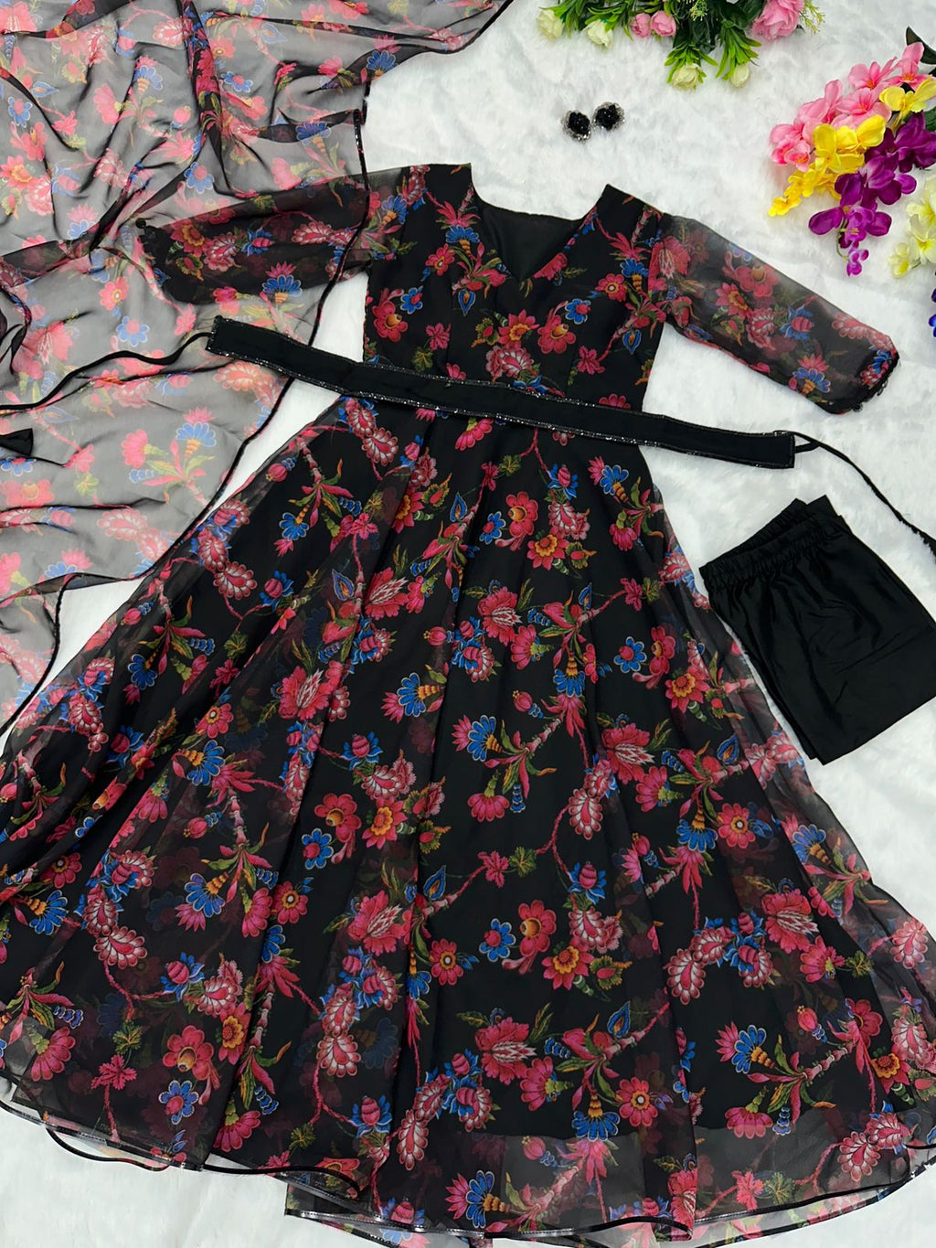 Lovely Flower Print Black Color Anarkali Suit For Women