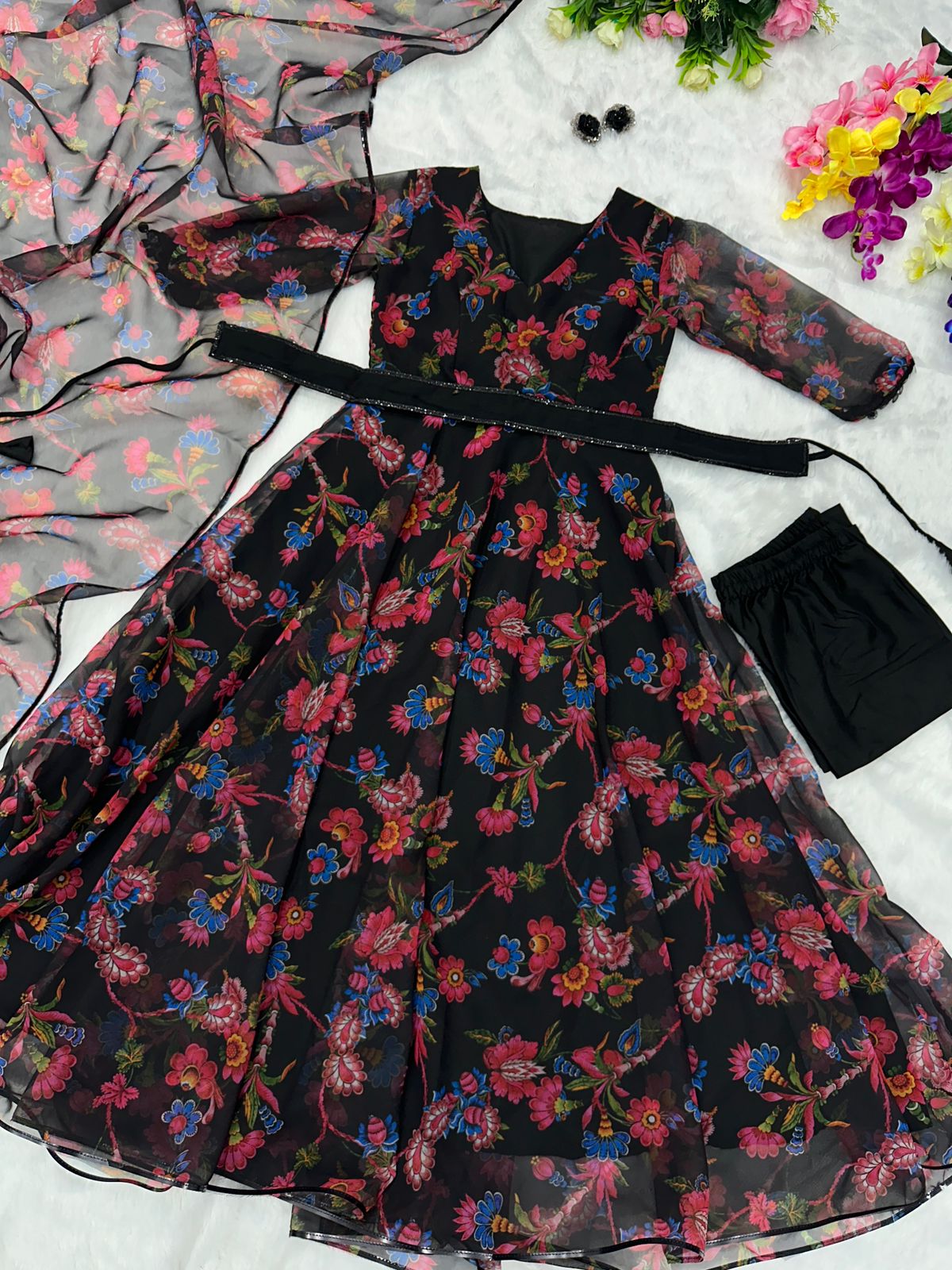 Lovely Flower Print Black Color Anarkali Suit For Women