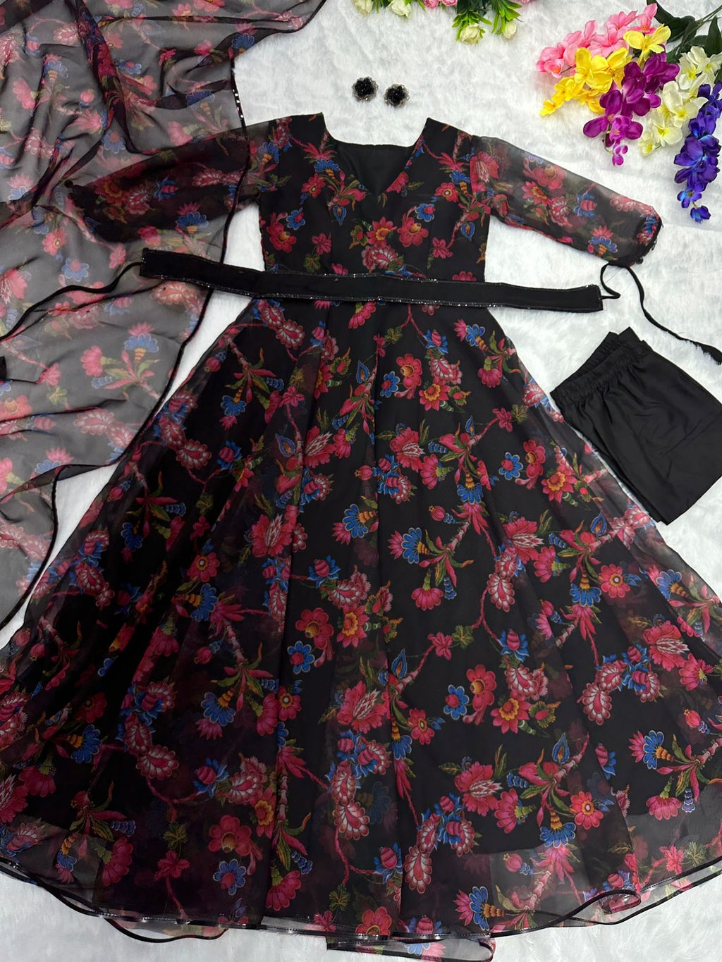 Lovely Flower Print Black Color Anarkali Suit For Women