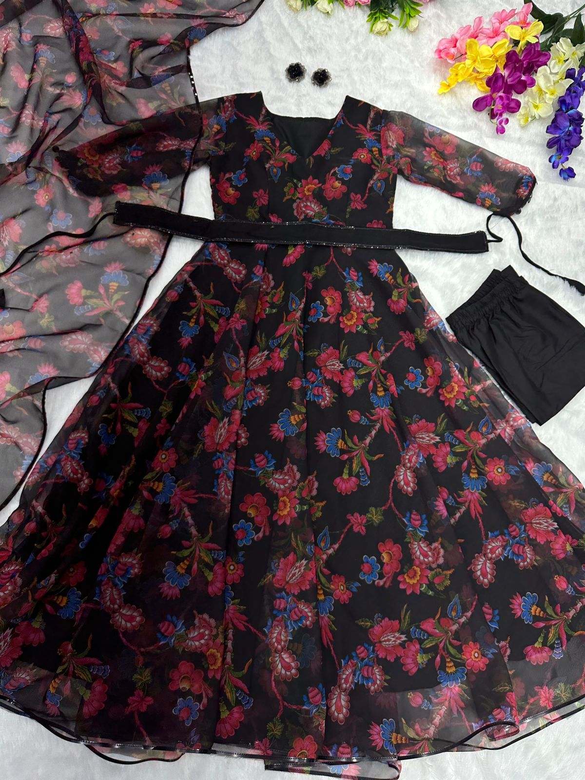Lovely Flower Print Black Color Anarkali Suit For Women
