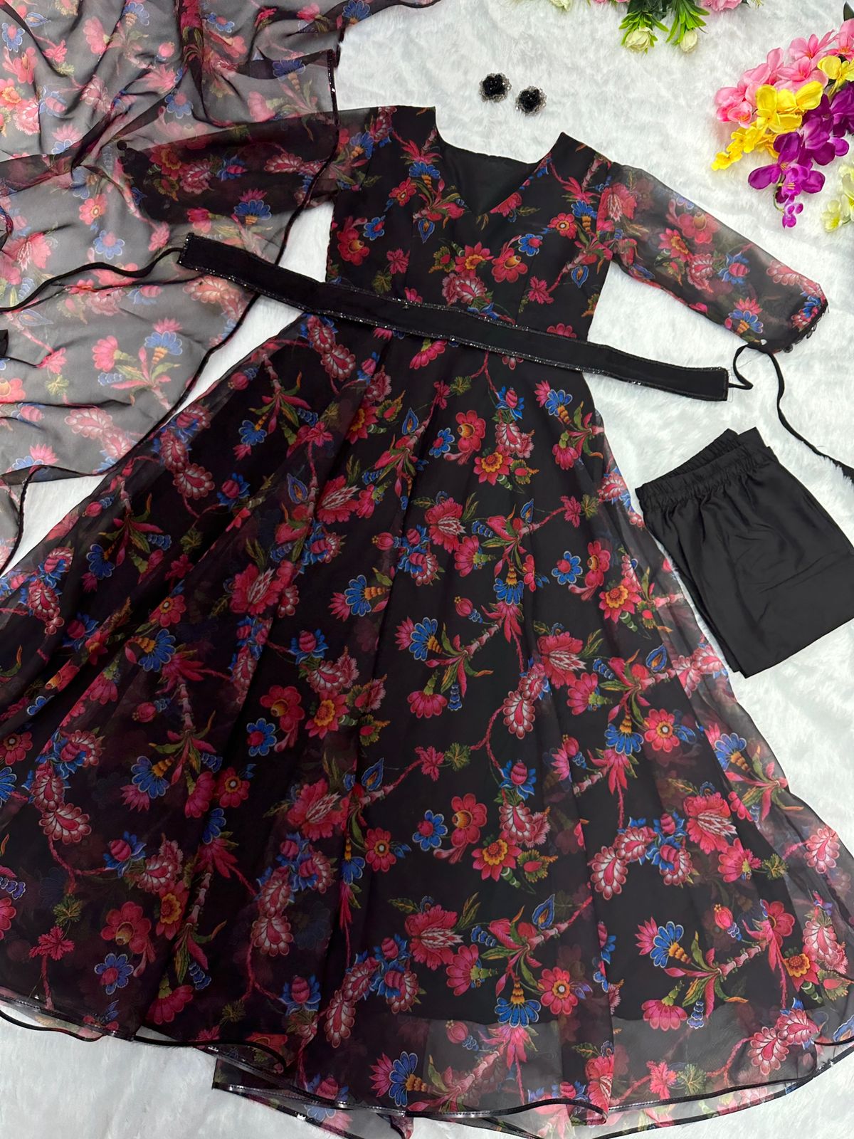 Lovely Flower Print Black Color Anarkali Suit For Women