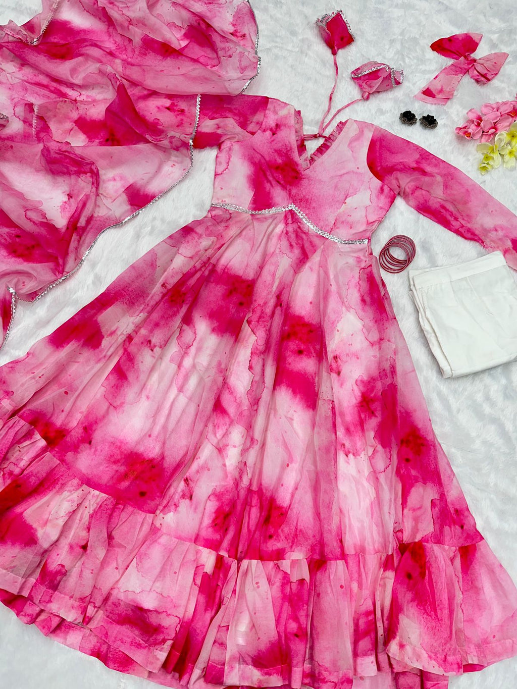 Shibori Print Pink Color Casual Wear Anarkali Suit For Women