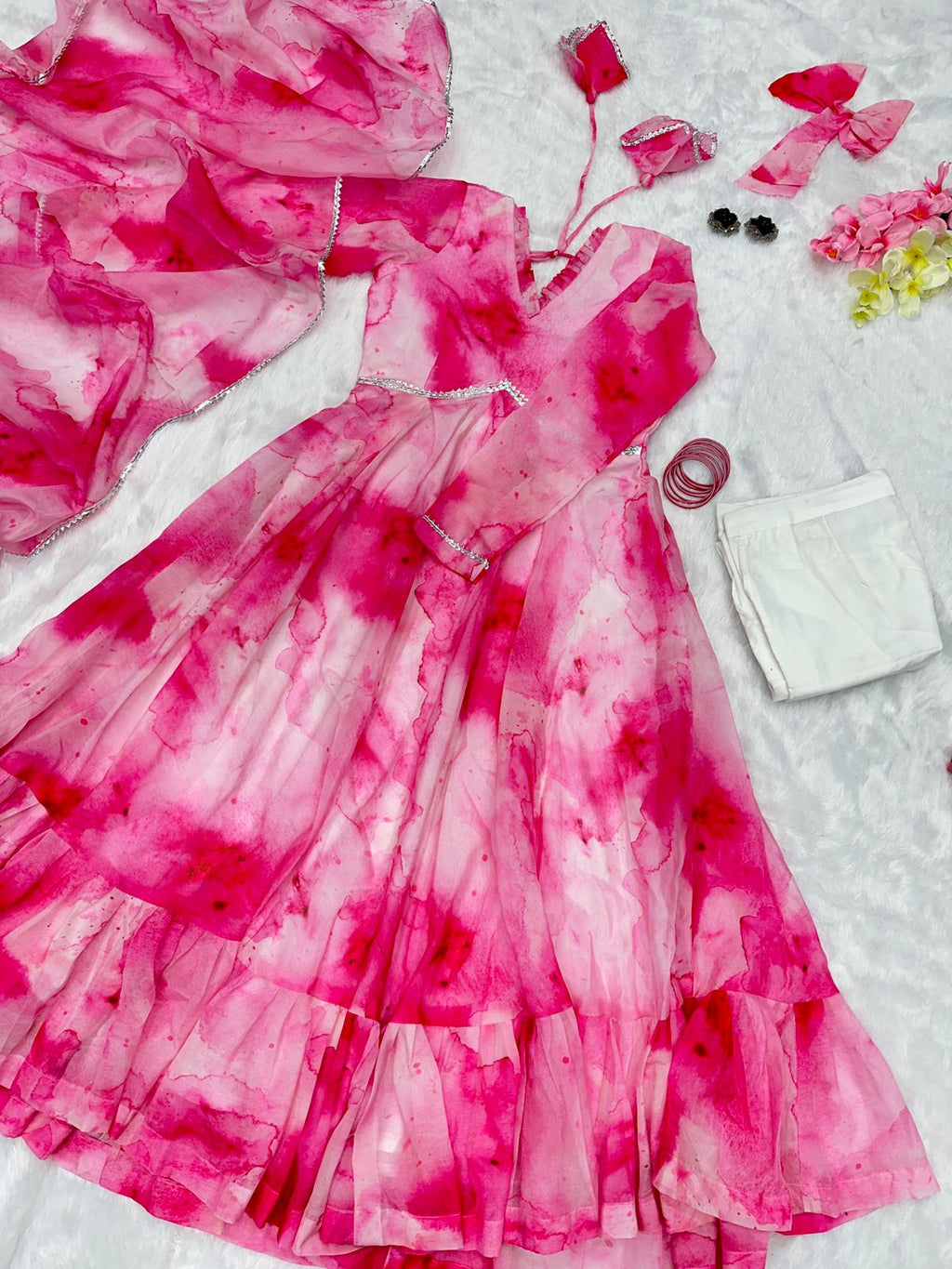 Shibori Print Pink Color Casual Wear Anarkali Suit For Women