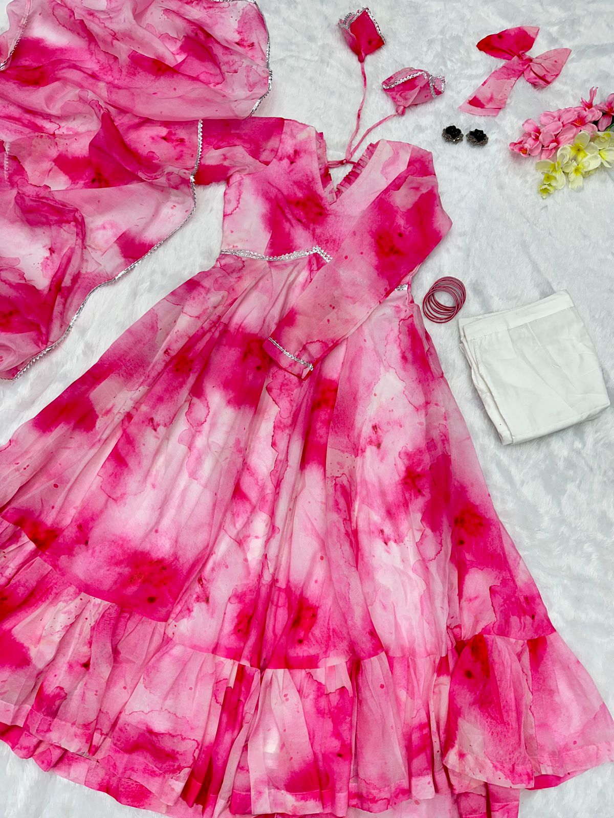 Shibori Print Pink Color Casual Wear Anarkali Suit For Women