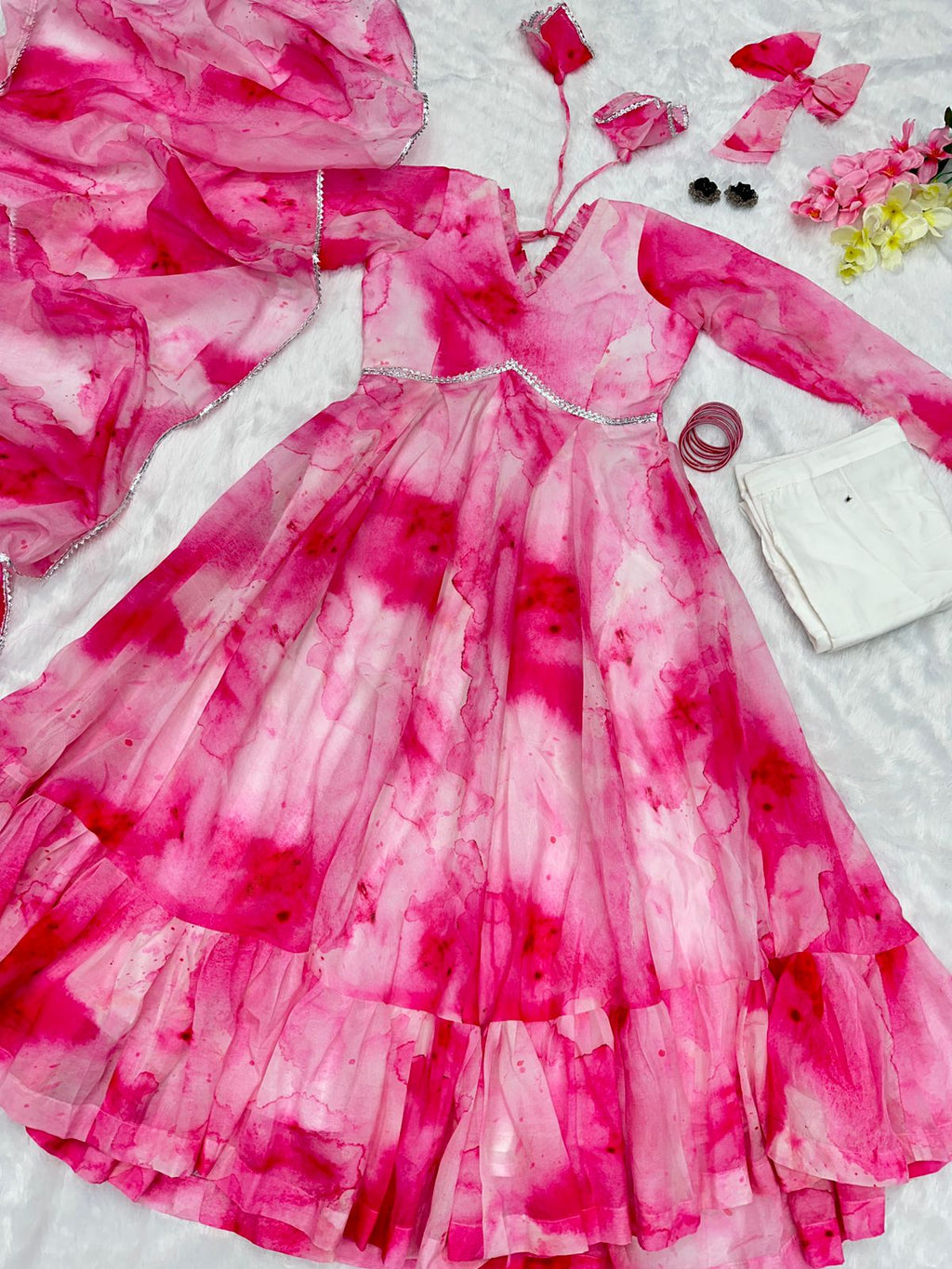 Shibori Print Pink Color Casual Wear Anarkali Suit For Women
