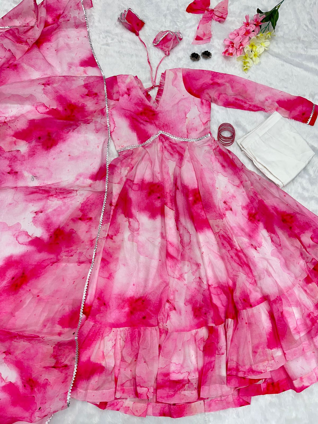 Shibori Print Pink Color Casual Wear Anarkali Suit For Women