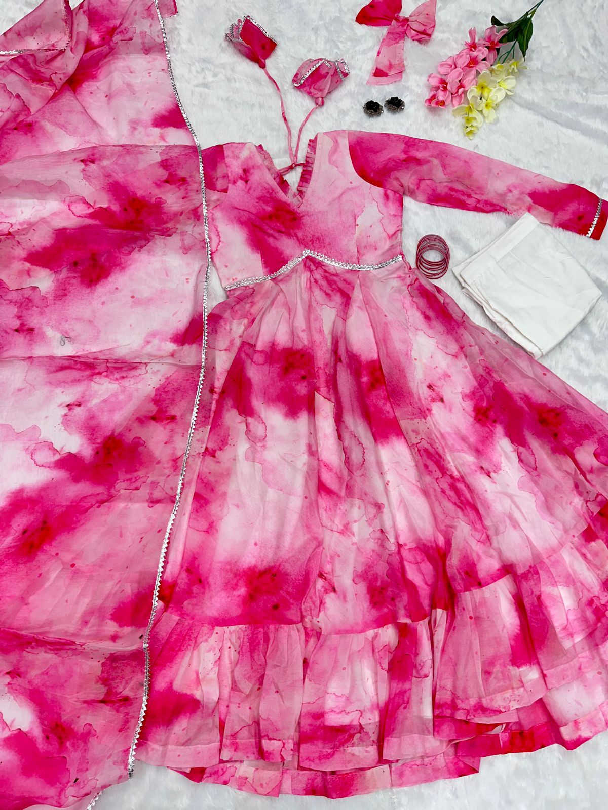 Shibori Print Pink Color Casual Wear Anarkali Suit For Women