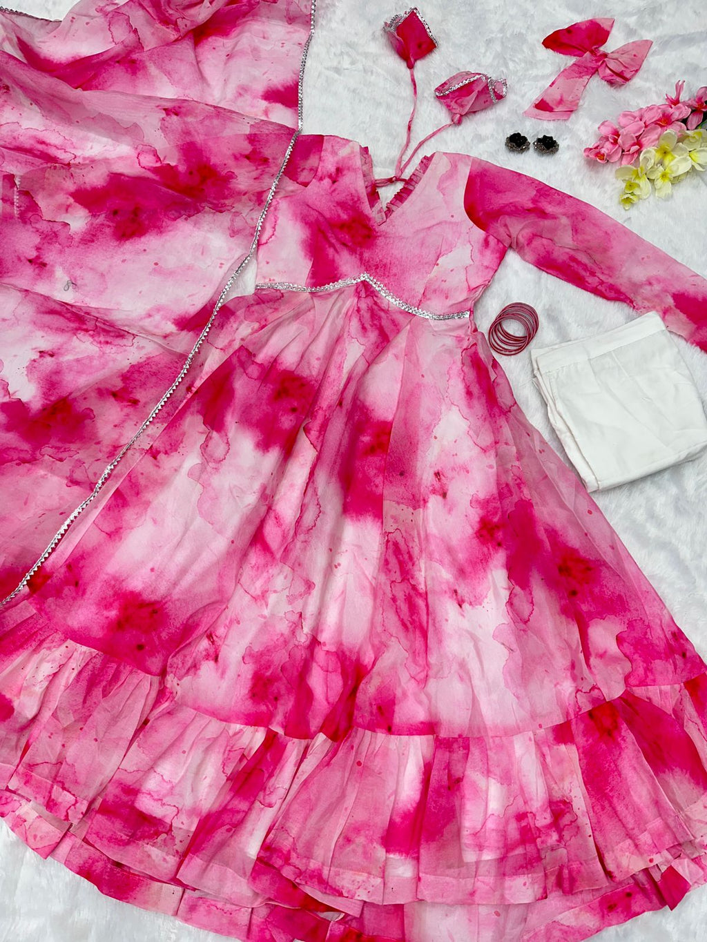 Shibori Print Pink Color Casual Wear Anarkali Suit For Women