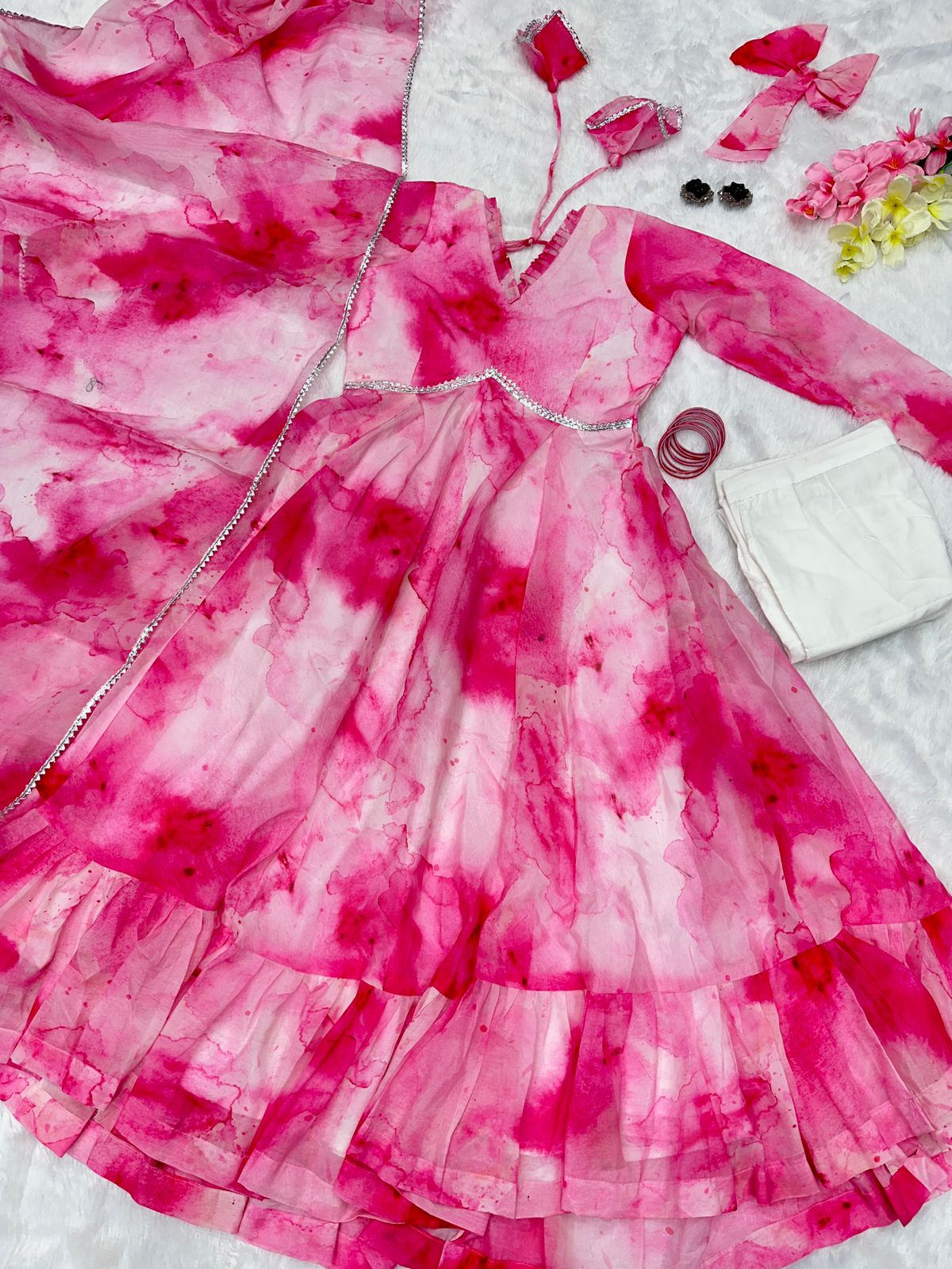 Shibori Print Pink Color Casual Wear Anarkali Suit For Women