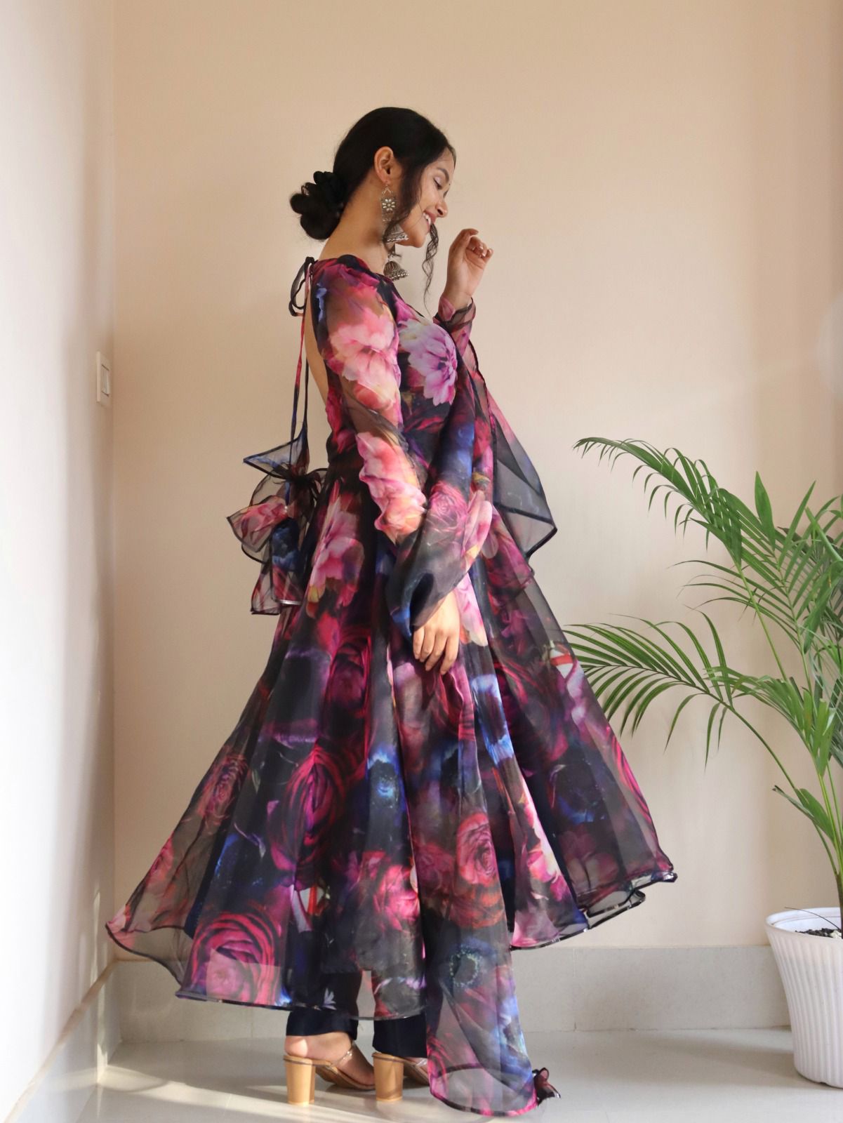Stylish Pattern Multi Color Organza Navy Blue Anarkali Suit For Women