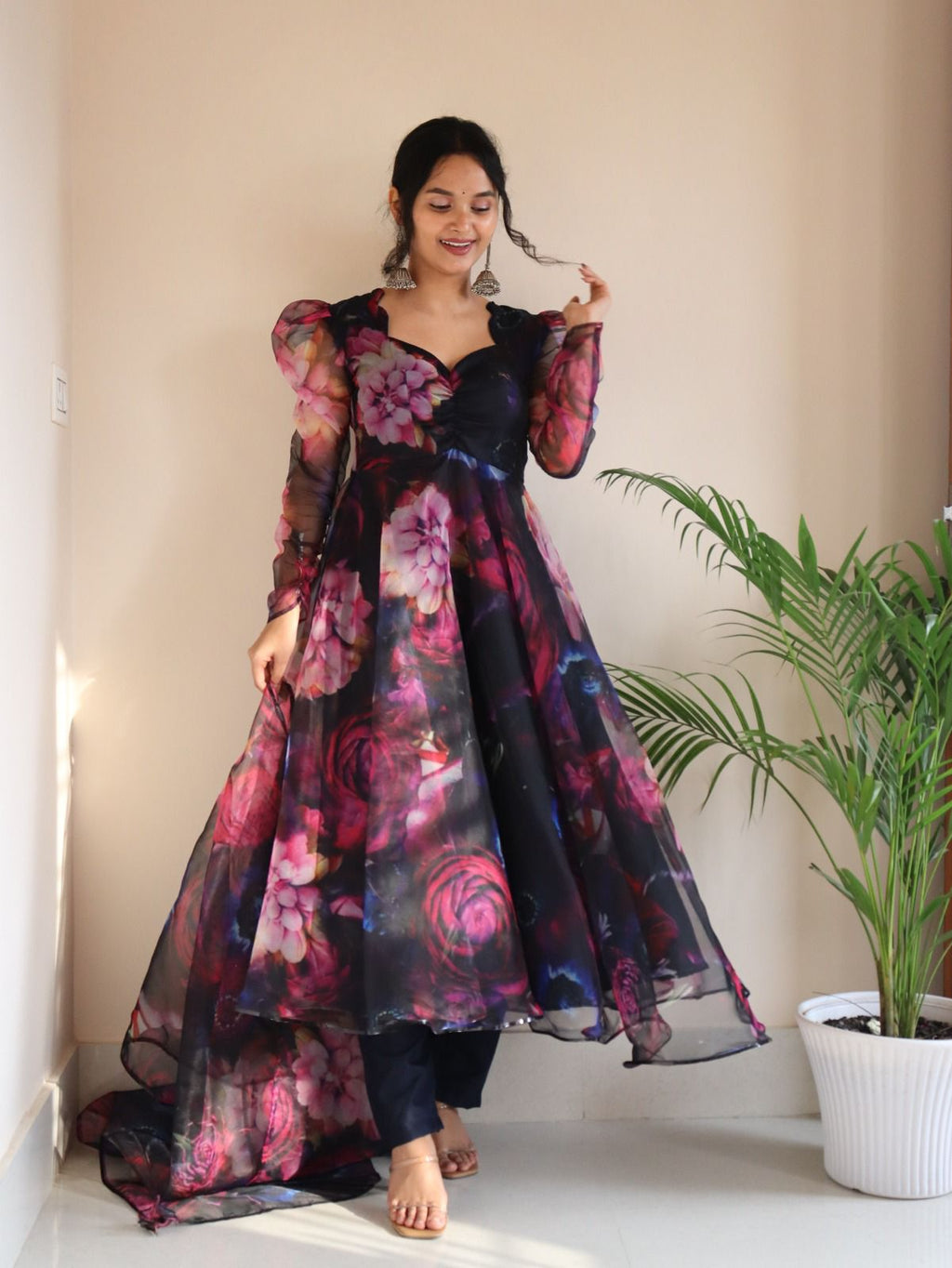 Stylish Pattern Multi Color Organza Navy Blue Anarkali Suit For Women
