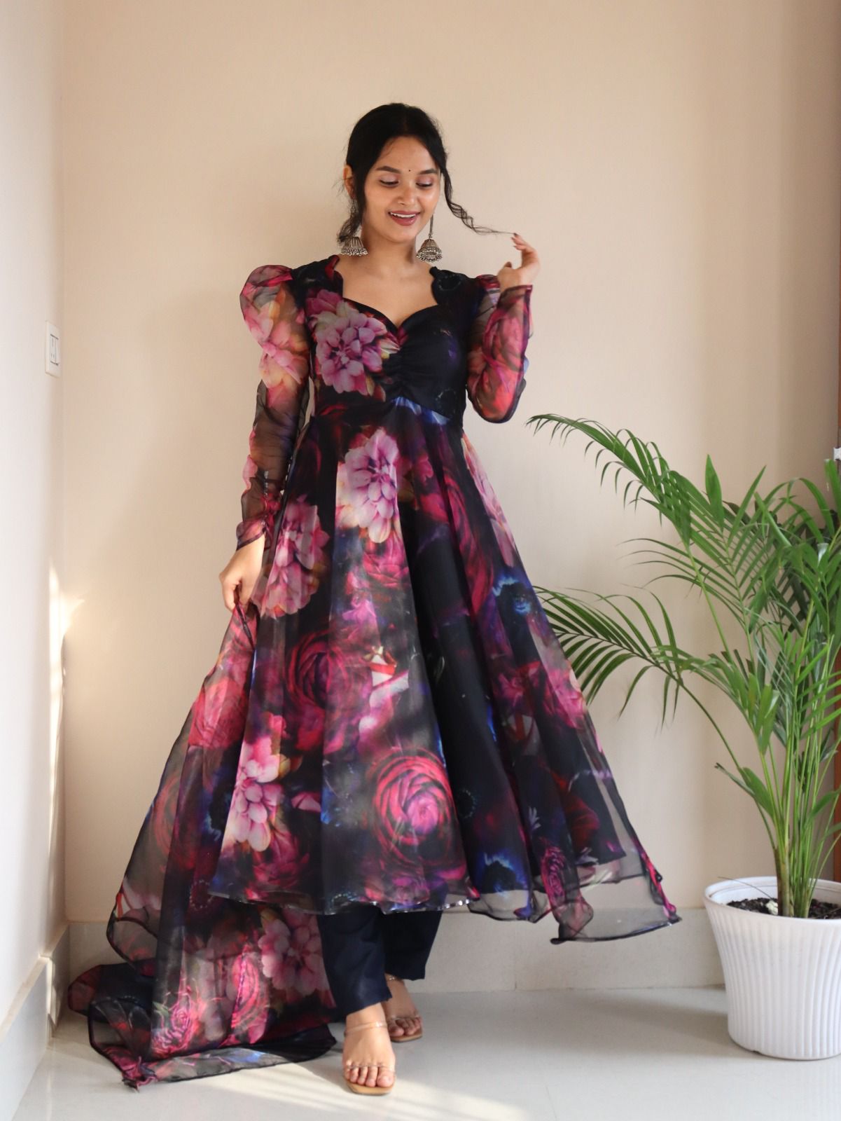 Stylish Pattern Multi Color Organza Navy Blue Anarkali Suit For Women