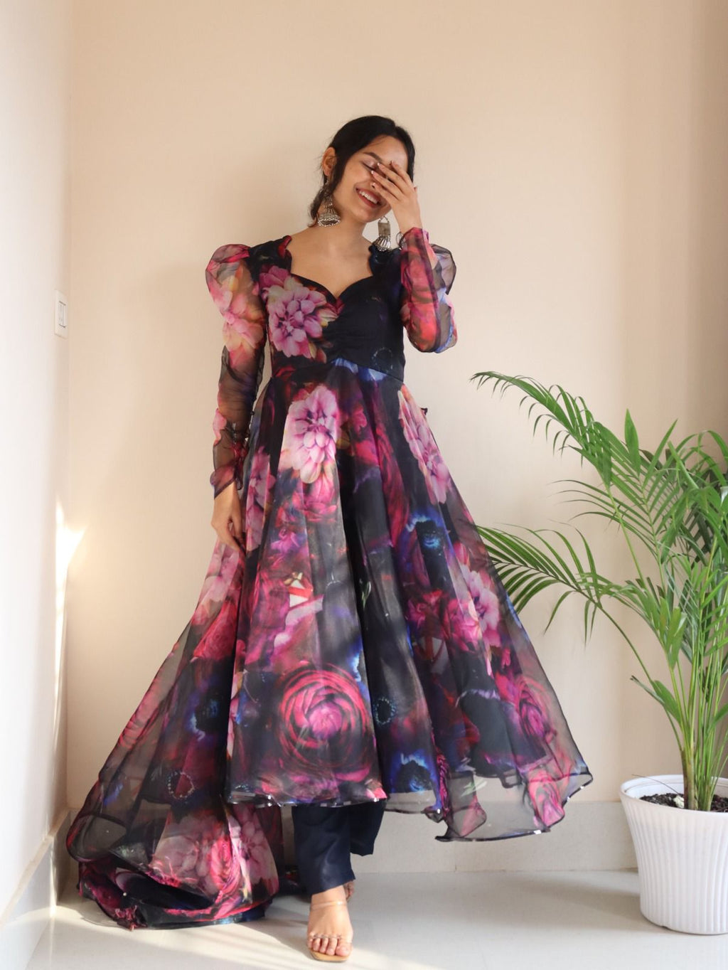 Stylish Pattern Multi Color Organza Navy Blue Anarkali Suit For Women