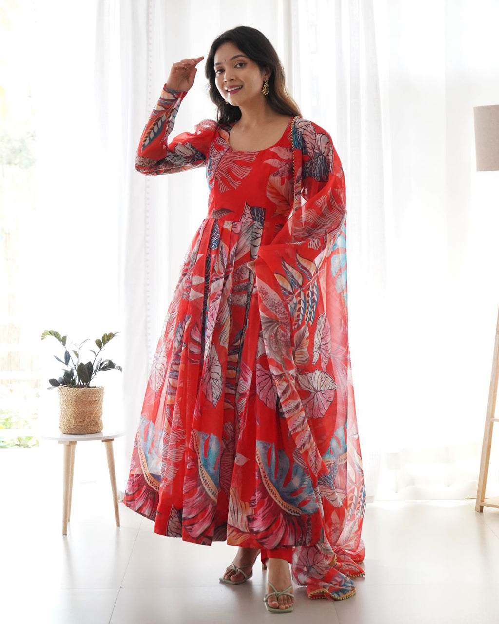 Pretty Multi Design With Red Color Anarkali Suit For Women
